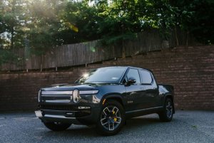 Rivian R1T Mud Flaps - Rally Armor - UR Series with Nitrous Blue Logo - Black - `22-`25